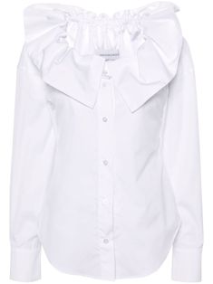 white poplin texture wide neck front button fastening off-shoulder elasticated underband ruffled detailing long sleeves buttoned cuffs curved hem Elegant Tops With Detachable Collar For Daywear, Elegant Off-shoulder Cotton Top, Elegant Off-shoulder Tops For Daywear, Long Sleeve Tops With Detachable Collar For Daywear, Elegant Cotton Blouse With Detachable Collar, White Off-shoulder Blouse For Work, Chic Top With Button Cuffs And Ruffled Collar, Chic Fitted Blouse With Detachable Collar, Chic White Tops With Detachable Collar