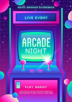 an arcade night poster with neon colors