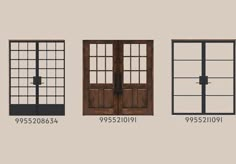 three different types of doors and windows with numbers on each door, one showing the same size