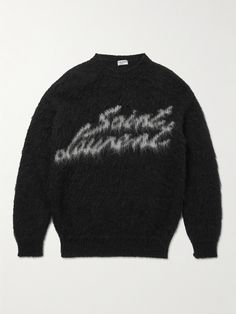 SAINT LAURENT's sweater has been crafted in Italy from black mohair-blend with a touch of wool for softness and warmth. It's intarsia-knitted with a scripted logo across the chest. All Saints Men, Saint Laurent Collection, Sweater Outfits Men, Cashmere Sweater Men, Clothing Brand Logos, Layered Sweater, Street Fashion Men Streetwear, Sweater For Men, Graphic Sweaters