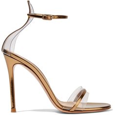 Gianvito Rossi Portofino 100 PVC-trimmed metallic leather sandals (2.995 RON) ❤ liked on Polyvore featuring shoes, sandals, heels, heels stilettos, leather strap sandals, high heels sandals, clear strap sandals and clear sandals Heels Clear, Heel Sandals Outfit, Sandals Strap, Heels Strappy, Clear High Heels, Clear Sandals, Money Bags, Strappy High Heels Sandals