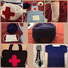 crocheted bags and purses are shown in multiple pictures, including one with a red cross on it