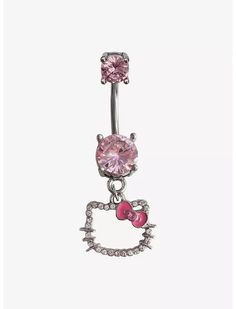 a pink belly ring with an hello kitty dangling from it's center and two hearts on the side