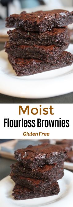 chocolate brownies stacked on top of each other with the words mojit flourless brownies