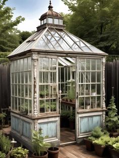 an old greenhouse with potted plants in the corner and wooden flooring on the outside