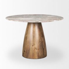 a round marble table with wooden base on an isolated white background for use as a dining room or office space