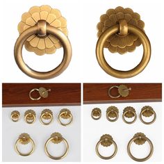 four different types of door knobs and pulls on a white background, including gold