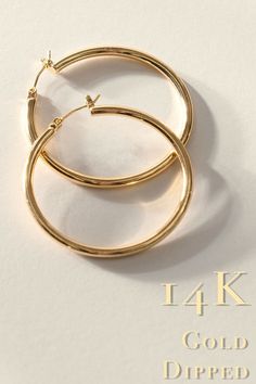 These 14K GOLD DIPPED and METAL hoop earrings are timeless and beautiful. Well crafted with an upscale look, the secure pin catch mean they will stay in place. Perfect for any occasion. Classic Gold-tone Tarnish Resistant Hoop Earrings, Classic 14k Gold Filled Hoop Earrings For Anniversary, Timeless Metal Hoop Jewelry, Chic Tarnish Resistant Hoop Earrings For Anniversary, Elegant Gold-tone Clip-on Hoop Earrings, Chic Hoop Earrings For Anniversary, Chic 14k Gold Filled Hoop Jewelry, Elegant Hinged Hoop Jewelry, Classic Hinged Earrings For Everyday