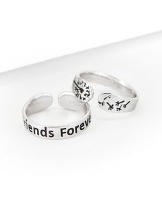 “Friends Forever” Whether it's a group of your close girlfriends or an individual connection, certain friendships sustain us and keep us going. Wear and share this ring as a symbol of your connection. Symbolic dandelion art underscores your journey of companionship. Inspirational ring “Friends Forever” Made of sterling silver 27Adjustable fit - suitable for ring sizes 7.5–10 Dandelion Art, Friendship Ring, Friendship Rings, Ring Sizes, Friends Forever, Dandelion, Ring Size, Wedding Rings, Stamp