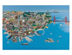 an illustrated map of san francisco with the golden gate bridge in the background and boats on the water