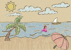 a drawing of a girl on the beach with an umbrella and sailboat in the background