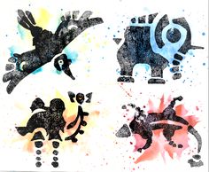 four watercolor drawings of different animals on white paper with black and blue inks