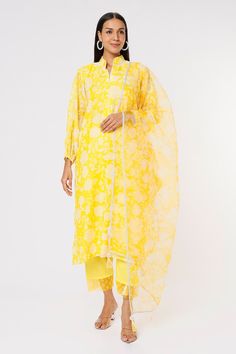 Yellow kurta featuring floral pattern all over with stand collar. Paired with a pant and lace embellished sheer dupatta. - Aza Fashions Floral Stand, Sheer Dupatta, Yellow Kurta, Kurta Set For Women, Lace Neckline, Collar Pattern, Kurta Set, Pants Pattern, Set For Women