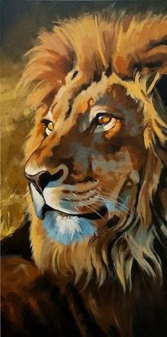 a painting of a lion with yellow eyes