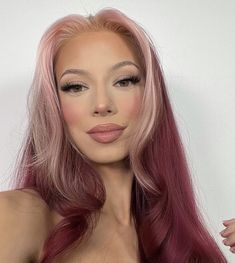 Red Hair With Platinum Money Piece, Violet And Pink Hair, Red Platinum Hair, Maroon Pink Hair, Burgundy And White Hair, Burgundy Hair With Blonde Money Piece, Pink Hair Brown Eyes, Rare Hair Colors, Pink Hair Tan Skin