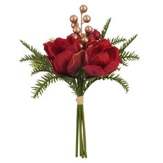 a bouquet of red roses and greenery on a white background with gold pearls in the center