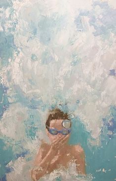 a painting of a man swimming in the water with goggles on his head and one hand under his chin