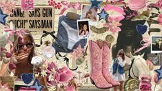 a collage with pink and blue items including boots, flowers, hearts, stars