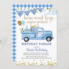 a blue truck birthday party card with gold confetti and streamers on it