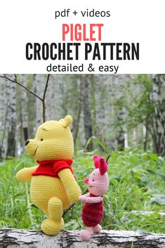 a crocheted winnie the pooh and piglet stuffed animals on a log