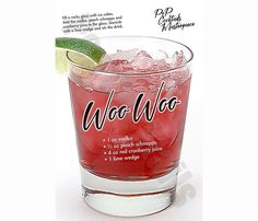 a red drink in a glass with lime wedge on the rim and an ad for woo woo