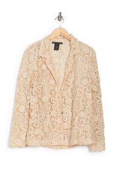 Perfect for your upcoming Zoom meetings, this tonal embroidered lace blazer jacket adds refined styling to your weekly rotation. Formal Lace Outerwear For Fall, Elegant Lace Trim Outerwear For Spring, Elegant Spring Outerwear With Lace Trim, Fall Formal Lace Outerwear, Chic Long Sleeve Blazer With Floral Embroidery, Spring Embroidered Notch Lapel Blazer, Formal Long Sleeve Outerwear With Lace Trim, Formal Long Sleeve Lace Outerwear, Formal Lace Outerwear With Lace Trim