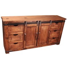 a large wooden cabinet with metal handles on it's doors and drawers, against a white background