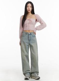 Washed Wide Leg Jeans CJ408 - Acubi style | LEWKIN Acubi Style, Pastel Top, Beige Top, Prom Outfits, Detail Shop, Fashion Korean, Light Wash Jeans, Plus Size Jeans, Korean Street Fashion