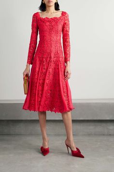 OSCAR DE LA RENTA Silk-chiffon trimmed guipure lace midi dress Lace Trim Dress For Gala In Spring, Spring Gala Lace Dress With Lace Trim, Spring Gala Midi Dress With Lace Trim, Spring Gala Lace Midi Dress, Spring Lace Midi Dress For Gala, Formal Lace Tea Length Dress, Formal Lace Tea-length Dress, Spring Gala Dress With Scalloped Lace, Luxury Lace Dress For Spring