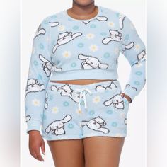 Cuddle Up In Sanrio Style! This Cozy Lounge Set Comes With A Fuzzy Long-Sleeve And Shorts Featuring An Allover Print Of Cinnamoroll And Flowers. 100% Polyester Wash Cold; Dry Low Set Of Top & Shorts Imported Model Height: 5' 11 1/2'' Model Wears Size 1 Fuzzy Lounge Set, Sanrio Style, Girls Lounge, Sweater Pin, Cozy Lounge, Tall Hoodies, Long Sleeve And Shorts, Plus Size Fits, Kawaii Clothes