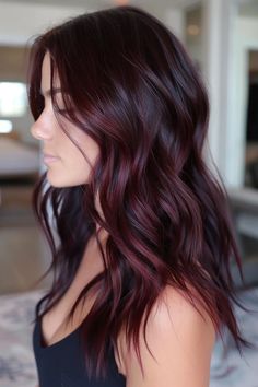 Dark Brown And Mahogany Hair, Dark Burgundy Hair Balayage, Dark Red Highlights In Brown Hair Burgundy Low Lights, Dark Brown Red Ombre, Brown Hair With Burgundy Balayage, Wine Balayage Hair, Winter Hair Brunette, Deep Red Balayage Hair, Subtle Hair Highlights