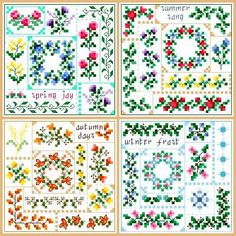 four different cross stitch patterns with flowers and words on the front, one is for spring