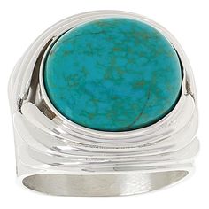 Jay King Chilean Turquoise Sterling Silver Oval Ribbed Ring  A simple showcase of Chilean turquoise that's adorned with only graceful ribbing, this solitaire design is a versatile Mine Find. Perfect for fans of beautiful, easy-wearing jewelry.       Approx.  3/4"L x 13/16"W x 3/8"H; shank 1/4"W     Stamped .925 sterling silver; polished finish      Tapered shank             Stone Information       All sizes and weights approximate     Stabilized Blue-Green Chilean Turquoise: Oval (15x14mm); mine Modern Turquoise Ring With Polished Finish, Modern Oval Turquoise Jewelry, Modern Turquoise Oval Jewelry, Modern Oval Turquoise Gemstone Ring, Modern Turquoise Round Ring, Ribbed Ring, Rib Ring, Wearing Jewelry, Turquoise Sterling Silver