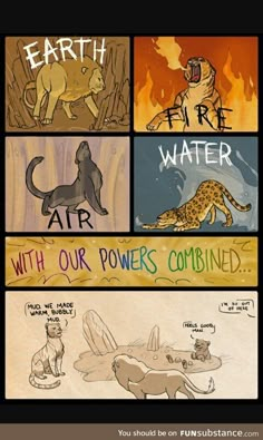 four different types of cartoon animals with captions in each one's mouth and the words earth, water, air, and power combined