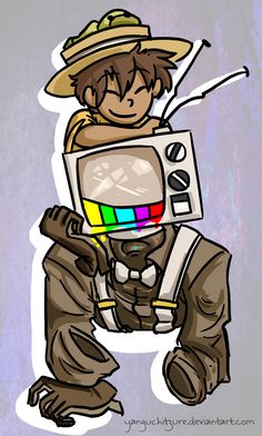 a drawing of a person wearing a hat and holding a television