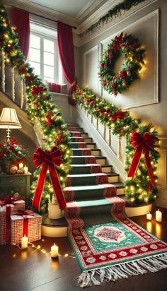 christmas decorations on the stairs and garlands