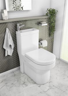 a white toilet sitting in a bathroom next to a plant