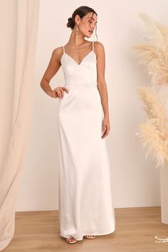 White Satin Dress - A-Line Maxi Dress - Pearl Strap Dress - Lulus Fitted Floor-length Wedding Dress For Destination Wedding, Fitted White Gown For Destination Wedding, Elegant Dresses For Destination Wedding With Fitted Bodice, White Satin Wedding Maxi Dress, White Satin Maxi Dress For Wedding, Elegant Fitted Dress For Destination Wedding, Elegant Gown With Fitted Bodice For Destination Wedding, Elegant Floor-length Dresses For Destination Wedding, Elegant White Dress For Destination Wedding