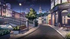 an animated city street scene at night with benches and tables in the foreground, under a full moon