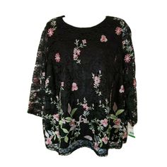 Charter Club Black Floral Lace Lined Filigree 3/4 Sleeve Blouse Size: Large Material: Polyester Retail $89.50 101519via489 G248 Black 3/4 Sleeve Blouse For Spring, Black Floral Print Top With 3/4 Sleeves, Linen Sleeveless Top, White Sleeveless Shirt, Light Blue Cardigan, Green Floral Blouse, Small Tank Tops, Petite Blouses, Club Tops