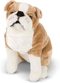 a stuffed bulldog sitting on top of a white floor