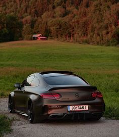 the rear end of a brown sports car parked in front of a green field with trees