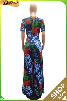 Blue Fashion Casual Print Bandage V Neck Regular Jumpsuits Beach Floral Print Stretch Jumpsuits And Rompers, Blue Fitted Jumpsuit With Short Sleeves, Blue Fitted Short Sleeve Jumpsuits And Rompers, Blue Fitted Jumpsuits And Rompers With Short Sleeves, Blue Jumpsuits And Rompers For Summer Parties, Casual Blue Floral Print Bodysuit, Blue Printed Bodysuit For Spring, Fitted Short Sleeve Jumpsuit For Vacation, Spring Blue Printed Bodysuit