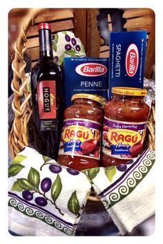 a basket filled with food and condiments on top of a table