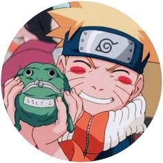 an anime character holding a green frog in his hand