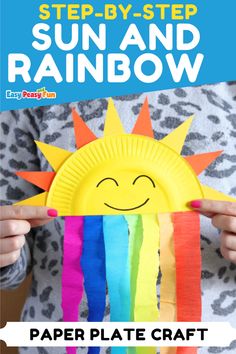 a paper plate sun and rainbow craft with text overlay reading step by step sun and rainbow