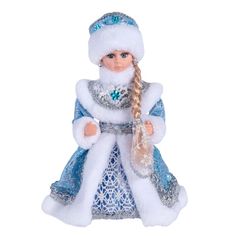 a doll is dressed in blue and white