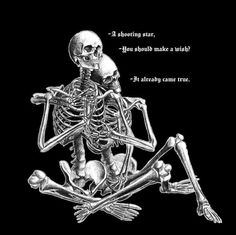 a skeleton sitting in the middle of two crossed legs with a caption above it