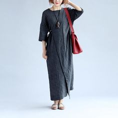 Linen Irregular Retro Stripe Women Loose Lacing Black Dress Linen Dress Women, Long Linen Dress, Cotton Linen Dresses, Retro Stripes, Dresses Short, Linen Dresses, Vintage Cotton, Linen Dress, Cotton Linen