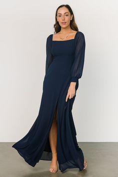 Our Giselle Maxi Dress comes in a navy color and is oh so gorgeous. Don't forget to get this dress for your next event! Long Sleeve Bridesmaid Dress, Navy Blue Bridesmaid Dresses, Formal Dresses With Sleeves, Navy Bridesmaid Dresses, Baltic Born, Guest Attire, Wedding Attire Guest, Rust Dress, Dress Dusty